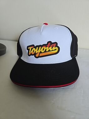 Toyota Retro Script Snapback Hat - White & Black with Yellow Logo